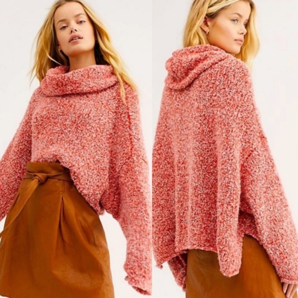 Free People | Women’s Coral/Cream BFF Cowl Neck Cropped Oversized Sweater Sz XS